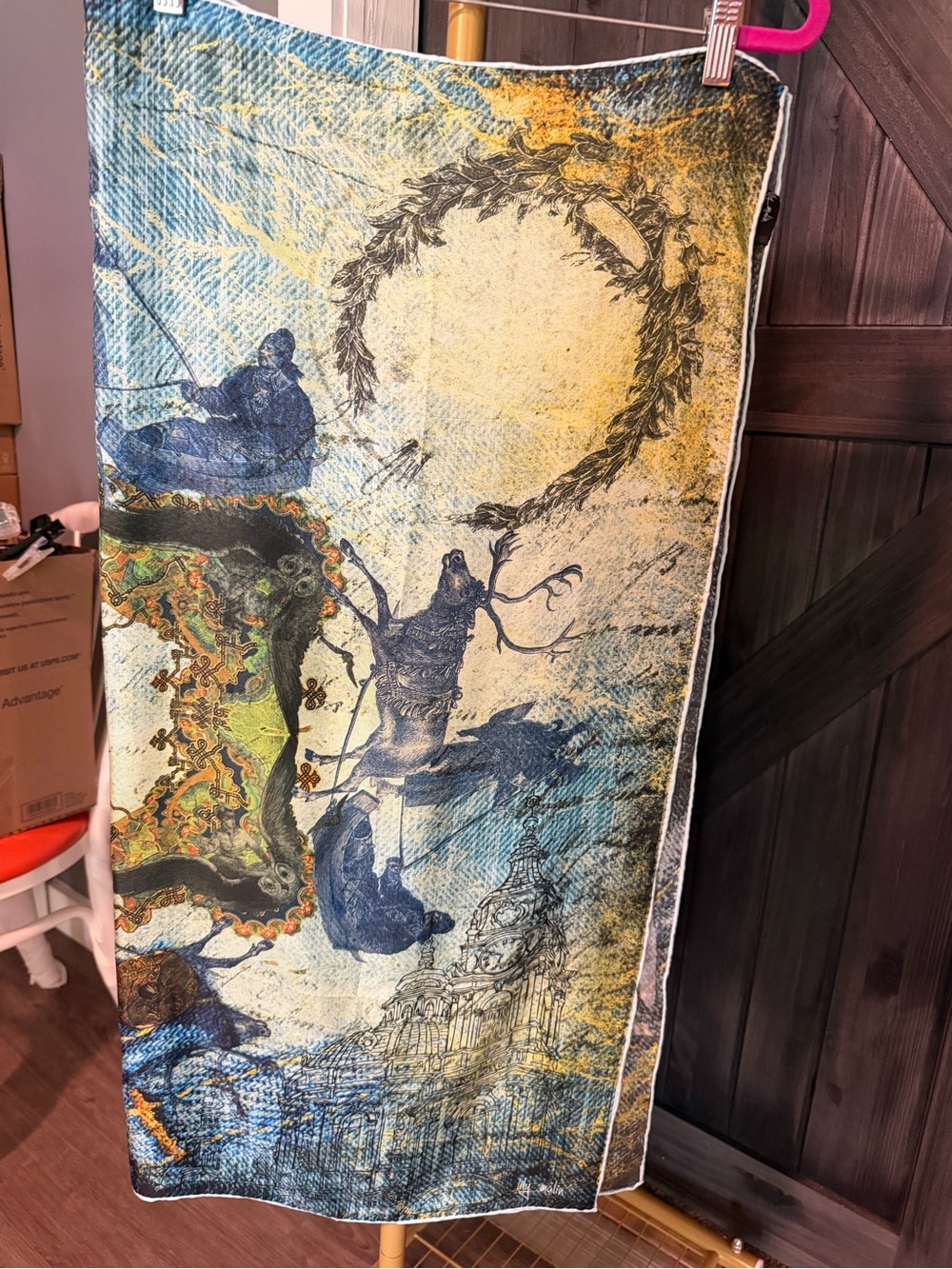 Lily Mulin Blue and Yellow Scenic Print Wrap Silk Scarf